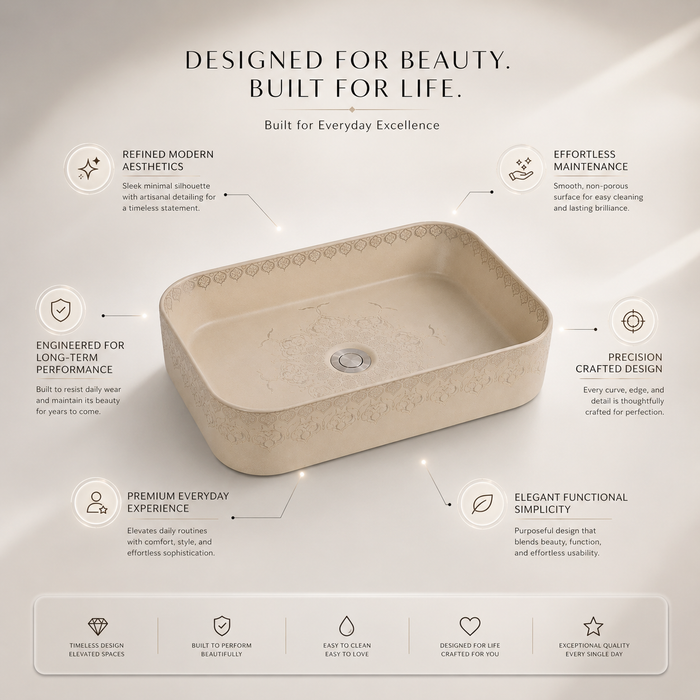 Beige Designer Table Top Wash Basin – 19.7 × 13.6 × 4.7 Inch | Decorative Countertop Basin