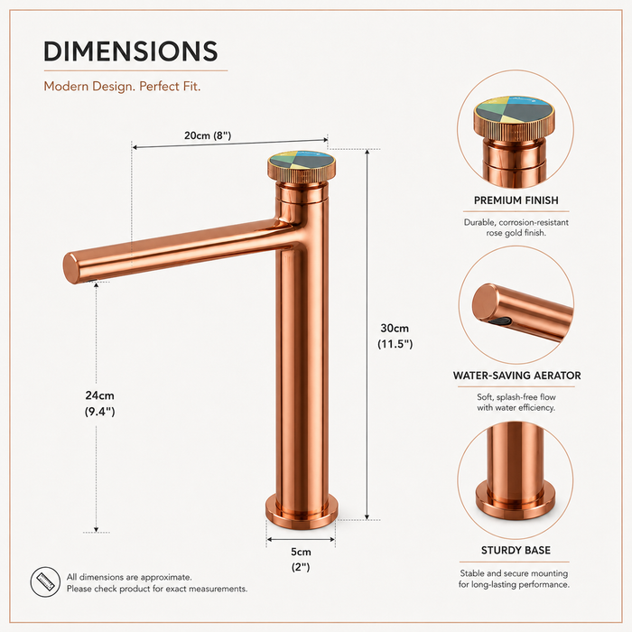 Premium Brass Tall Basin Mixer Tap, Brushed Rose Gold Finish, Tall Size (NCGF 508) – 5 Years Warranty