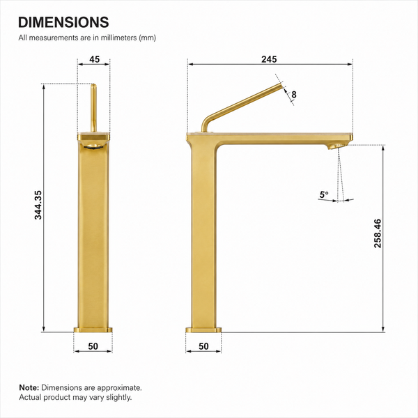 Premium Brass Tall Basin Mixer Tap, Brushed Gold Finish, Tall Size (NCGF 505) – 5 Years Warranty