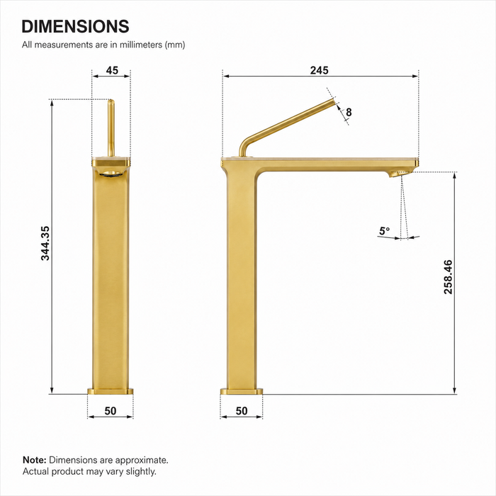 Premium Brass Tall Basin Mixer Tap, Brushed Gold Finish, Tall Size (NCGF 505) – 5 Years Warranty