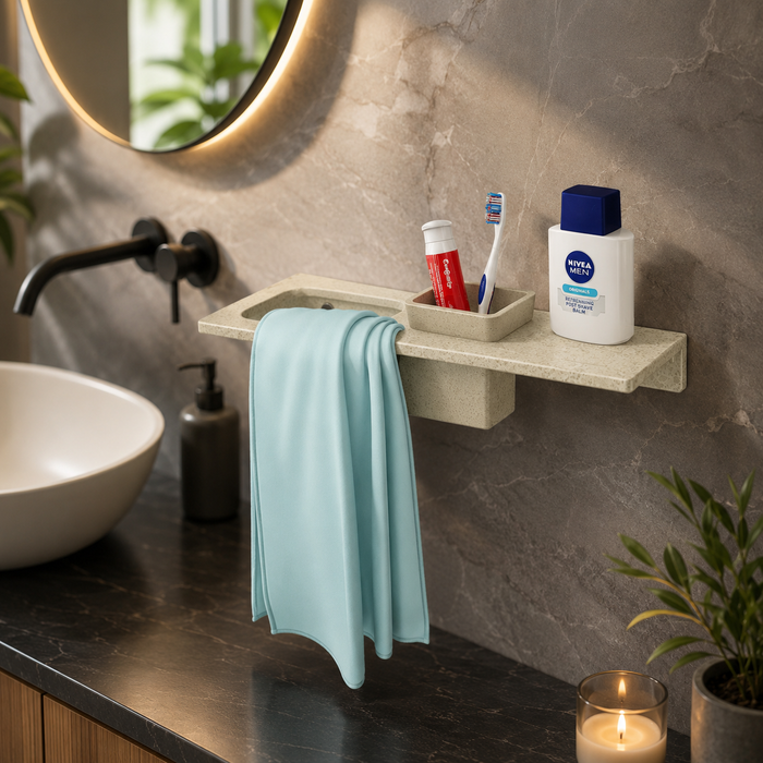 BASSINO Stylish Brush Holder With Napkin Stand Shelf For Bathroom-Glossy Marble | 3 in 1