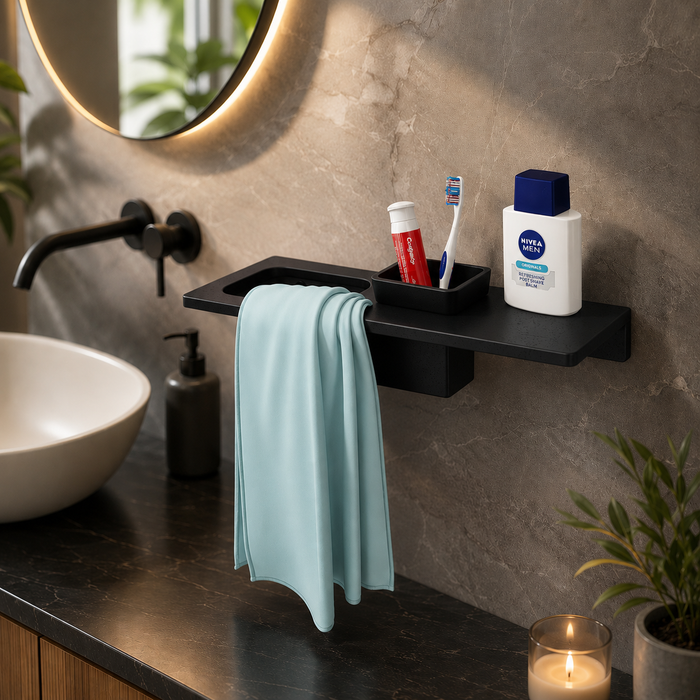 BASSINO Stylish Brush Holder With Napkin Stand Shelf For Bathroom-Glossy Black | 3 in 1