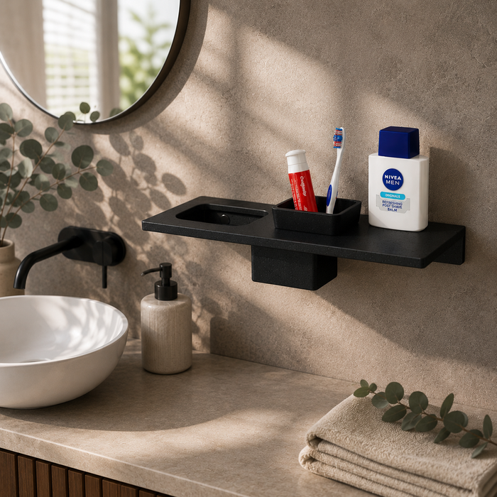 BASSINO Stylish Brush Holder With Napkin Stand Shelf For Bathroom-Glossy Black | 3 in 1