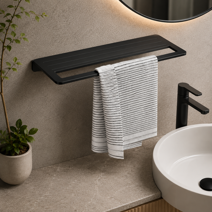 BASSINO Towel Rack With Towel Holder- Glossy 22" Length Black