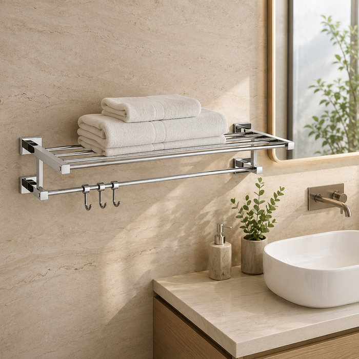 BASSINO Stylish Towel Rack With Rod For Bathroom/office/home/hotels-Brass-Chrome Glossy Finish Silver