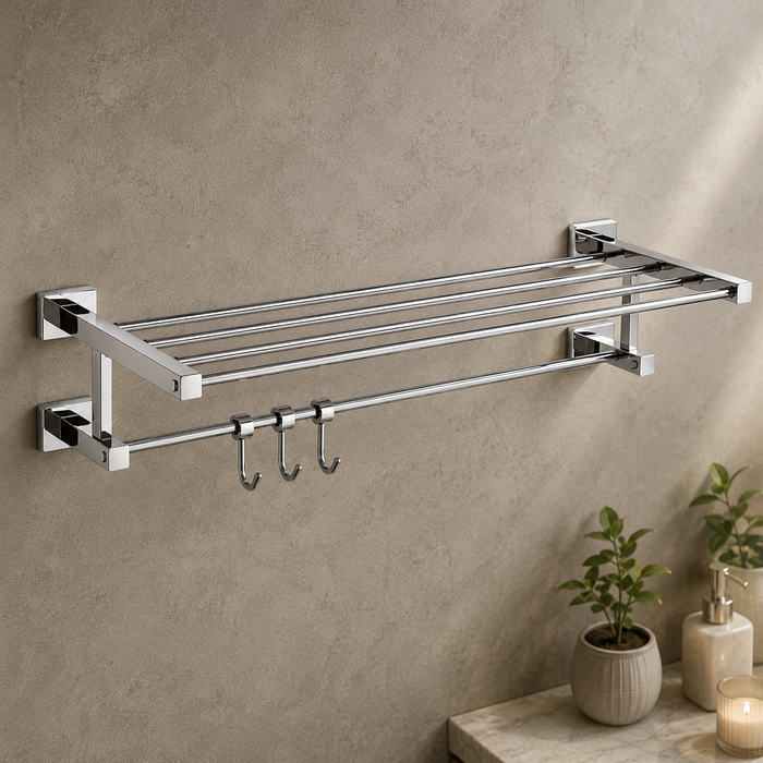 BASSINO Stylish Towel Rack With Rod For Bathroom/office/home/hotels-Brass-Chrome Glossy Finish Silver