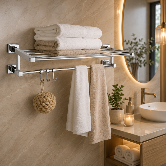 BASSINO Stylish Towel Rack With Rod For Bathroom/office/home/hotels-Brass-Chrome Glossy Finish Silver