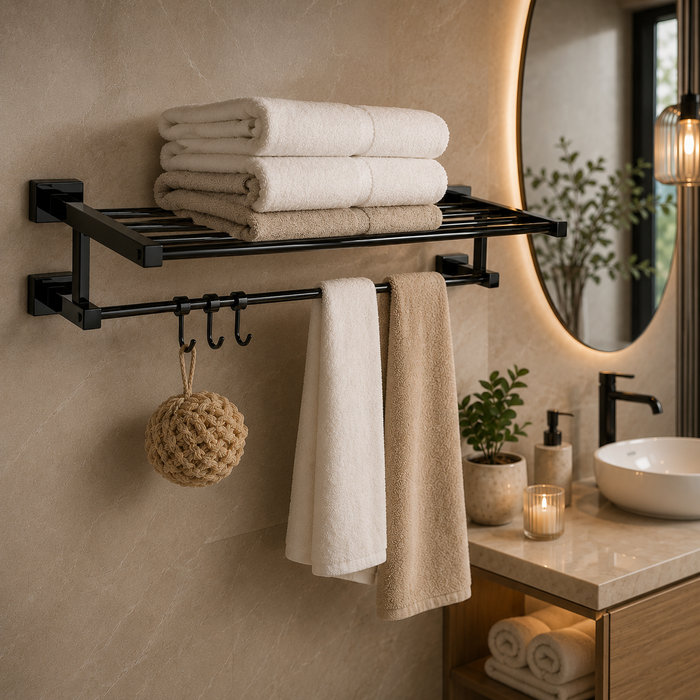 BASSINO Stylish Towel Rack With Rod For Bathroom/office/home/hotels-Brass-Chrome Glossy Finish Black