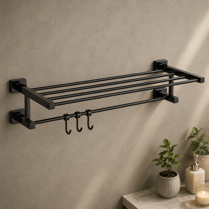 BASSINO Stylish Towel Rack With Rod For Bathroom/office/home/hotels-Brass-Chrome Glossy Finish Black