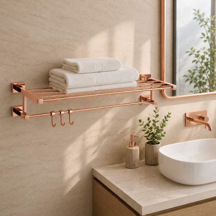 BASSINO Stylish Towel Rack With Rod For Bathroom/office/home/hotels-Brass-Chrome Glossy Finish Rose gold