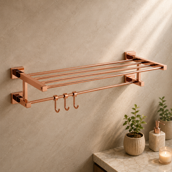 BASSINO Stylish Towel Rack With Rod For Bathroom/office/home/hotels-Brass-Chrome Glossy Finish Rose gold