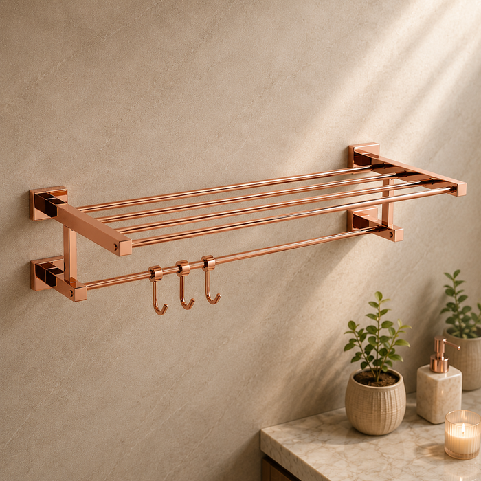 BASSINO Stylish Towel Rack With Rod For Bathroom/office/home/hotels-Brass-Chrome Glossy Finish Rose gold