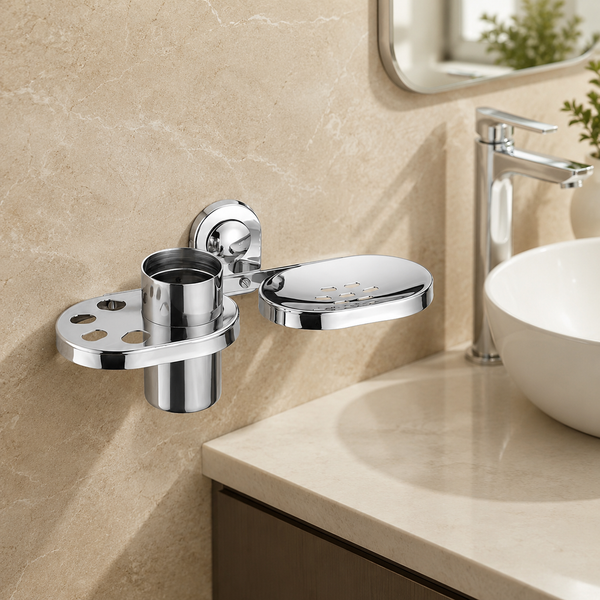 BASSINO Stylish Soap Dish & Toothbrush Tumbler For Bathroom/office/home/hotels-SS 304-CHROME FINISH