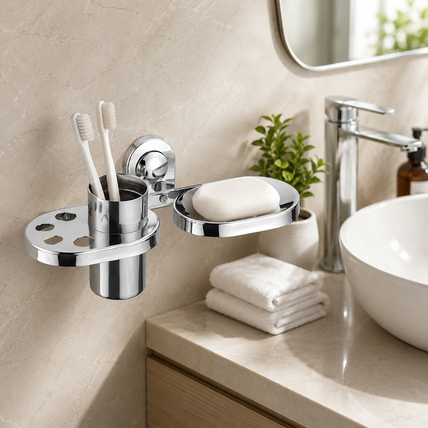 BASSINO Stylish Soap Dish & Toothbrush Tumbler For Bathroom/office/home/hotels-SS 304-CHROME FINISH