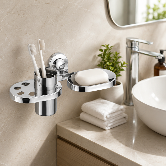 BASSINO Stylish Soap Dish & Toothbrush Tumbler For Bathroom/office/home/hotels-SS 304-CHROME FINISH