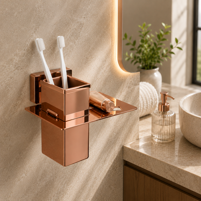 BASSINO Stylish Toothbrush Tumbler For Bathroom/office/home/hotels-Brass-Glossy Finish Rose gold