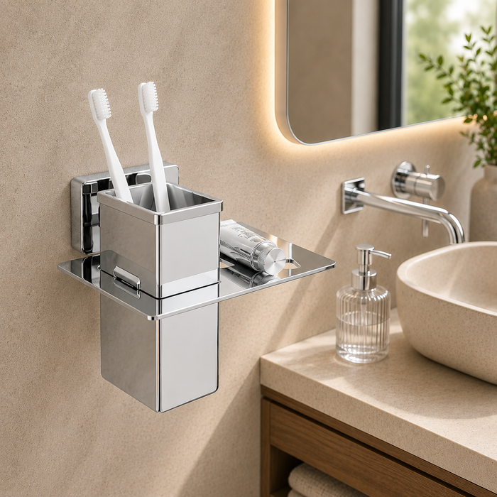 BASSINO Stylish Toothbrush Tumbler For Bathroom/office/home/hotels-Brass-Chrome Glossy Finish Silver