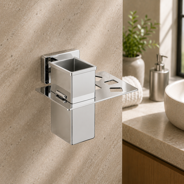 BASSINO Stylish Toothbrush Tumbler For Bathroom/office/home/hotels-Brass-Chrome Glossy Finish Silver