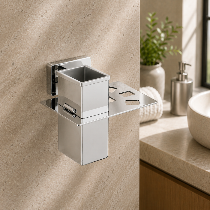 BASSINO Stylish Toothbrush Tumbler For Bathroom/office/home/hotels-Brass-Chrome Glossy Finish Silver