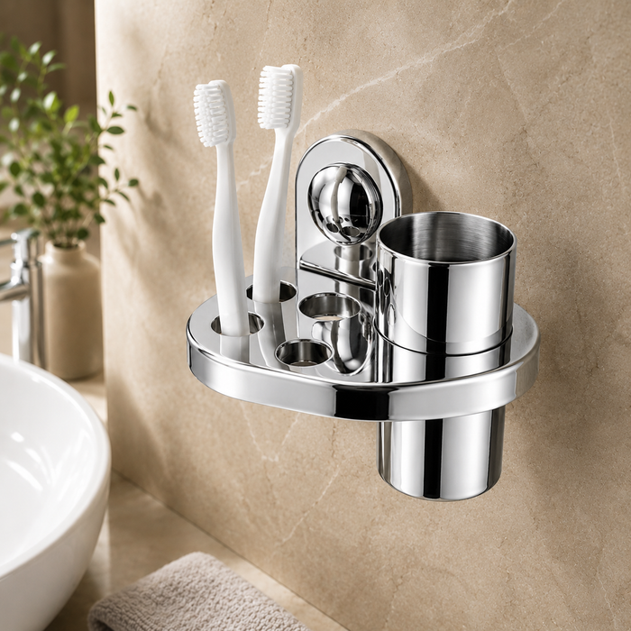 BASSINO Stylish Toothbrush Tumbler For Bathroom/office/home/hotels-SS 304-CHROME FINISH