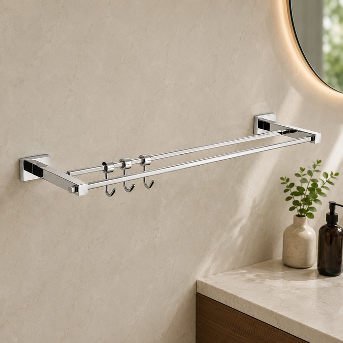 BASSINO Stylish Double Towel Rod 24 Inch For Bathroom/office/home/hotels-Brass-Chrome Glossy Finish