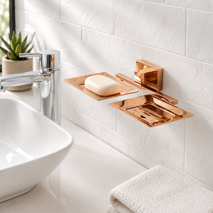BASSINO Stylish Double Soap Dish For Bathroom/office/home/hotels-Brass,Glossy Finish Rose gold