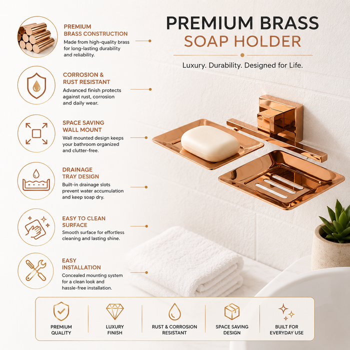 BASSINO Stylish Double Soap Dish For Bathroom/office/home/hotels-Brass,Glossy Finish Rose gold