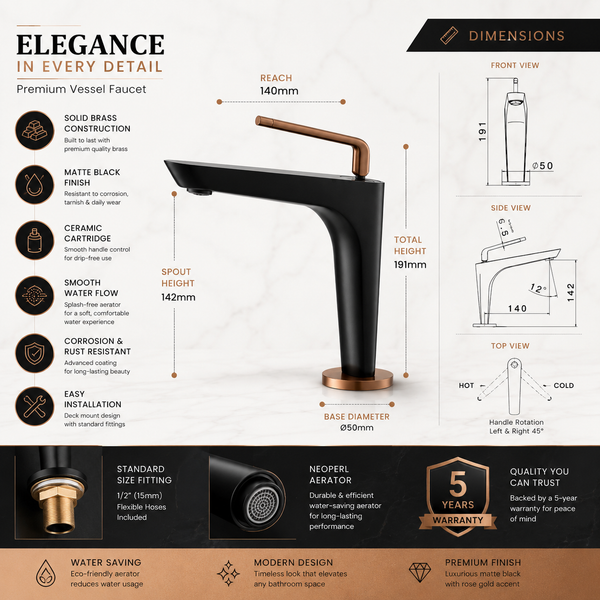 BASSINO Premium Short Basin Mixer Faucet (Hot & Cold)| Luxury Finish – 5 Years Warranty Black