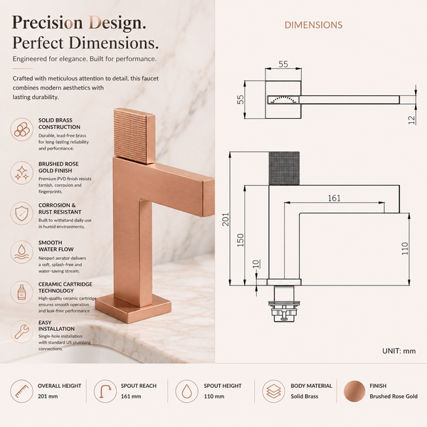 BASSINO Premium Short Basin Mixer Faucet (Hot & Cold)| Brass Body – 5 Years Warranty Brushed Rose gold