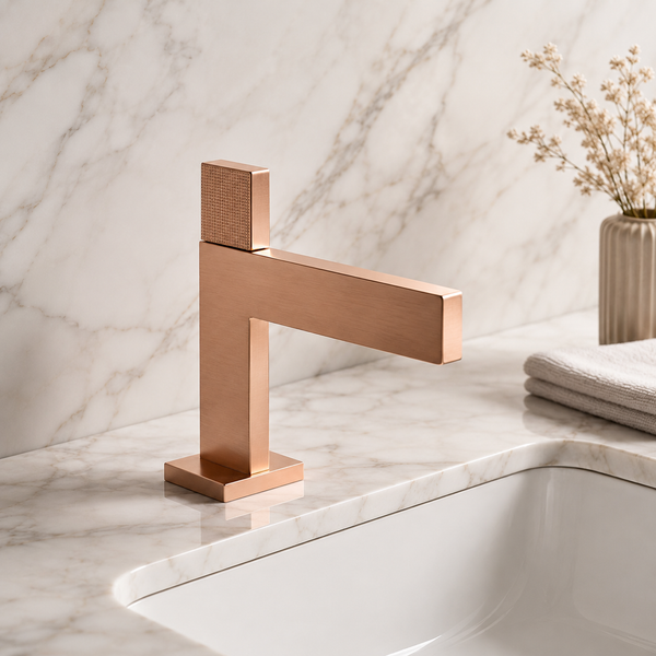 BASSINO Premium Short Basin Mixer Faucet (Hot & Cold)| Brass Body – 5 Years Warranty Brushed Rose gold