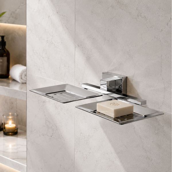 BASSINO Stylish Double Soap Dish For Bathroom/office/home/hotels-Brass,Glossy Finish Silver