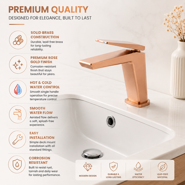 BASSINO NEXUS Short Body Modern Basin Faucet Mixer | 3 Years Warranty Rose gold