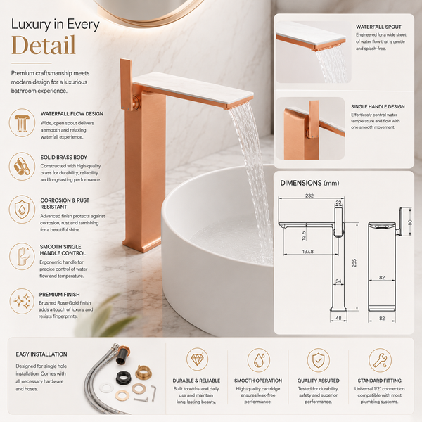 BASSINO Luxury Tall Basin Mixer Tap | Designer Premium Bathroom Faucet - 5 Years Warranty Brushed Rose Gold