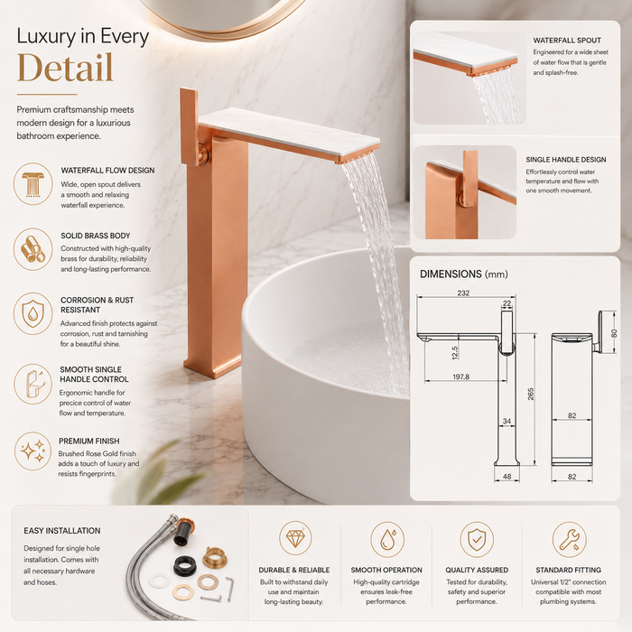 BASSINO Luxury Tall Basin Mixer Tap | Designer Premium Bathroom Faucet - 5 Years Warranty Brushed Rose Gold