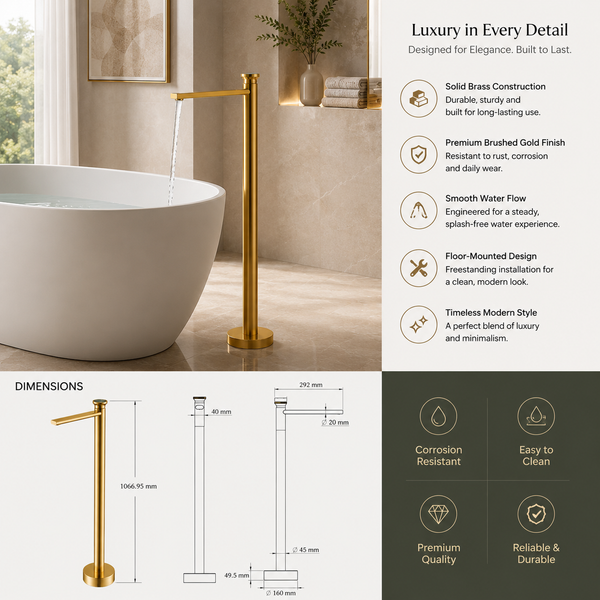 BASSINO Luxury Floor Standing Basin Mixer Tap | Designer Freestanding Faucet - 5 Years Warranty Brushed Gold