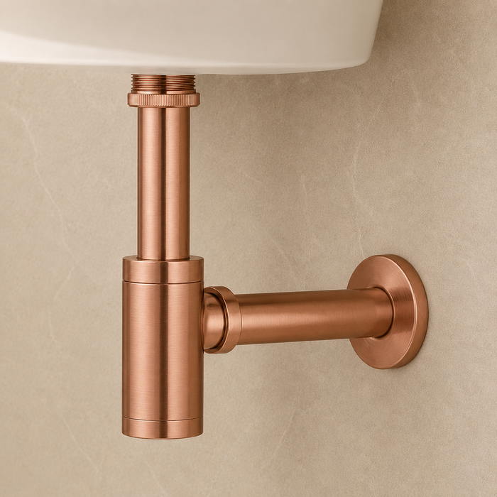 BASSINO Premium Bottle Trap with 300mm Long Bottle Trap Pipe with Wall Flange Brushed Rose Gold