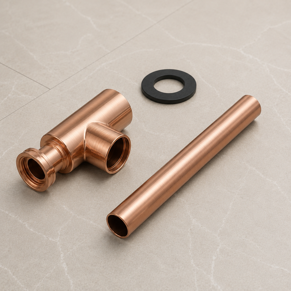 BASSINO Premium Bottle Trap with 300mm Long Bottle Trap Pipe with Wall Flange Brushed Rose Gold