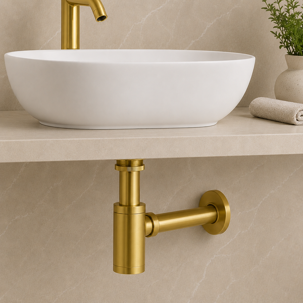 BASSINO Premium Bottle Trap with 300mm Long Bottle Trap Pipe with Wall Flange Brushed Gold