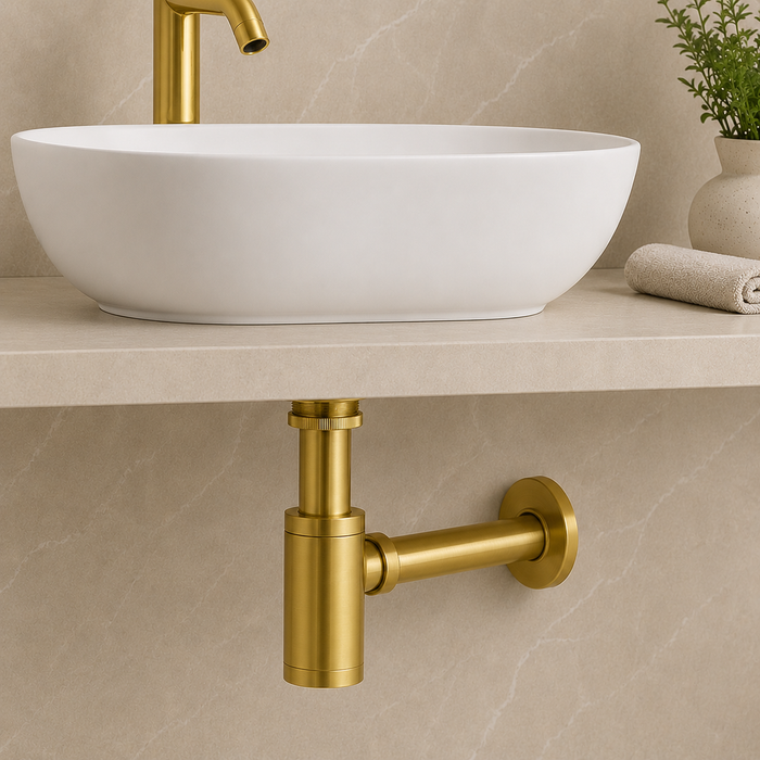 BASSINO Premium Bottle Trap with 300mm Long Bottle Trap Pipe with Wall Flange Brushed Gold