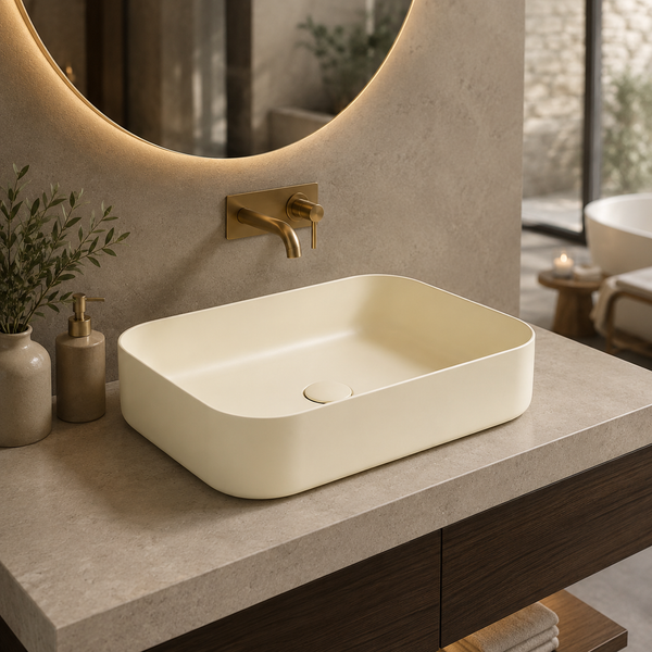 Bassino Modern Melamine Wash Basin | Stylish Countertop Wash Basin for Bathroom–400x320x110 mm Beige