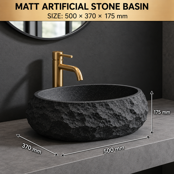 Designer Countertop Wash Basin – Matt Artificial Stone Basin | 500×370×150mm Black