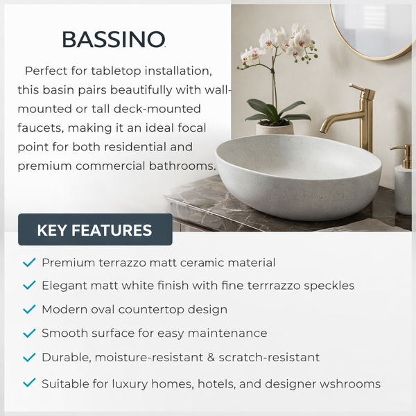 Terrazzo Matt White Countertop Wash Basin | Modern Oval Stone Sink (20″ × 16″ × 6″ IN)