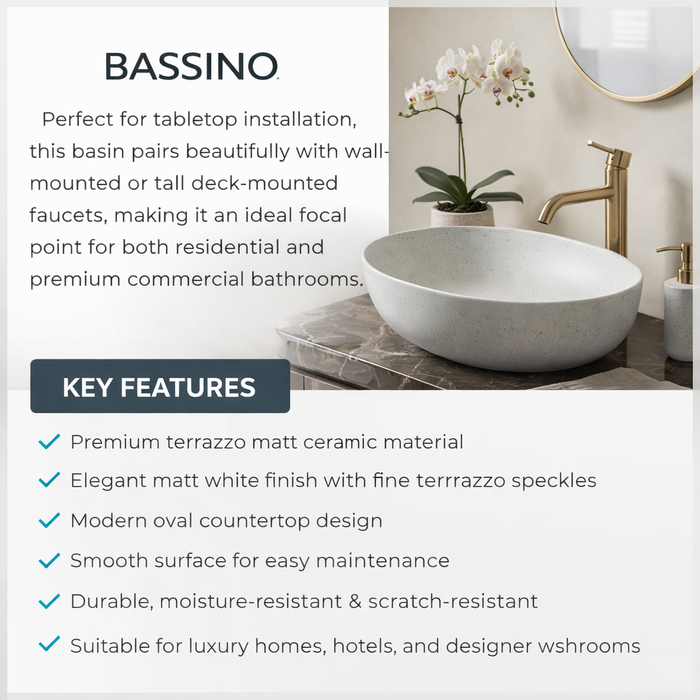 Terrazzo Matt White Countertop Wash Basin | Modern Oval Stone Sink (20″ × 16″ × 6″ IN)