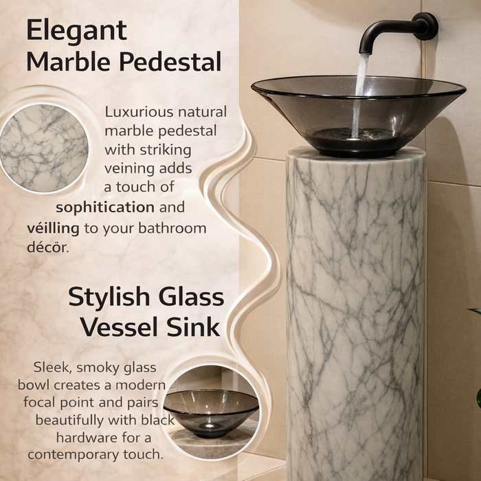Stone Pedestal Basin with Acrylic Top | Luxury Designer Wash Basin 20x20x34.5 Inch White
