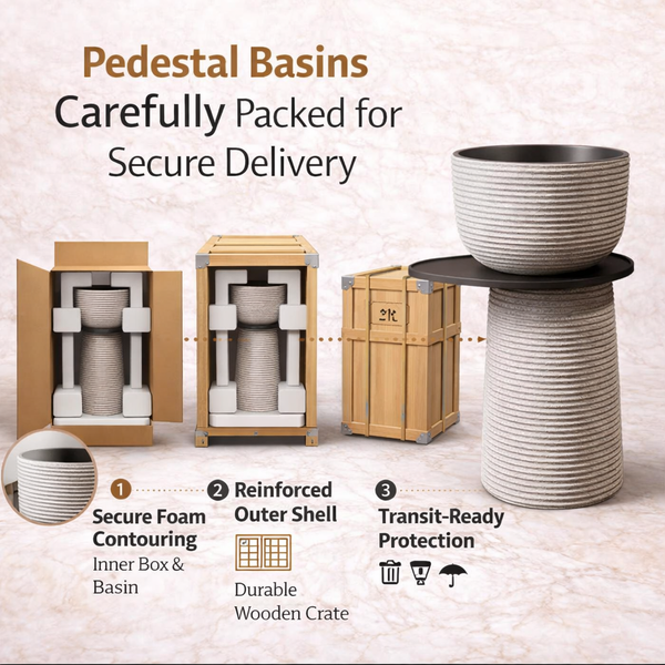Luxury Pedestal Wash Basin with Side Shelf | Artificial Stone Freestanding Basin | Shivling Design - 23.5″ × 16″ × 34″ In Black-Grey