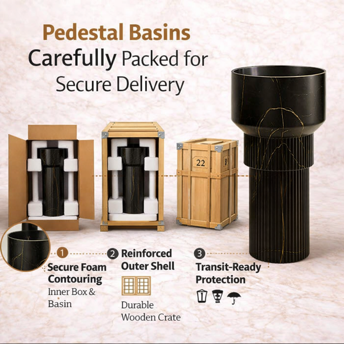 BASSINO Designer Pedestal Basin – 16″ x 17″ x 33″ In, Luxury Floor Standing Black Marble Finish Wash Basin