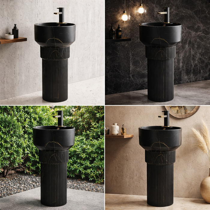 BASSINO Designer Pedestal Basin – 16″ x 17″ x 33″ In, Luxury Floor Standing Black Marble Finish Wash Basin