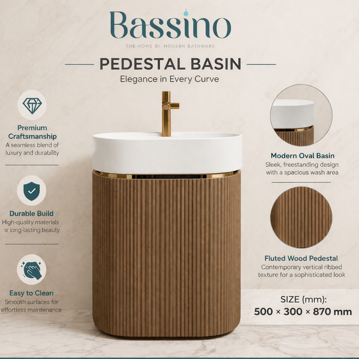 Luxury Artificial Pedestal Basin with Gold Accent | Designer Freestanding Wash Basin with Tap Hole | 16" × 16″ × 34.5″ In Brown