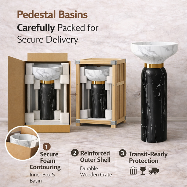 Dual Tone finish Pedestal Wash Basin | Luxury Artificial Stone Freestanding Basin - 17.5″ × 17.5″ × 34″ In Black