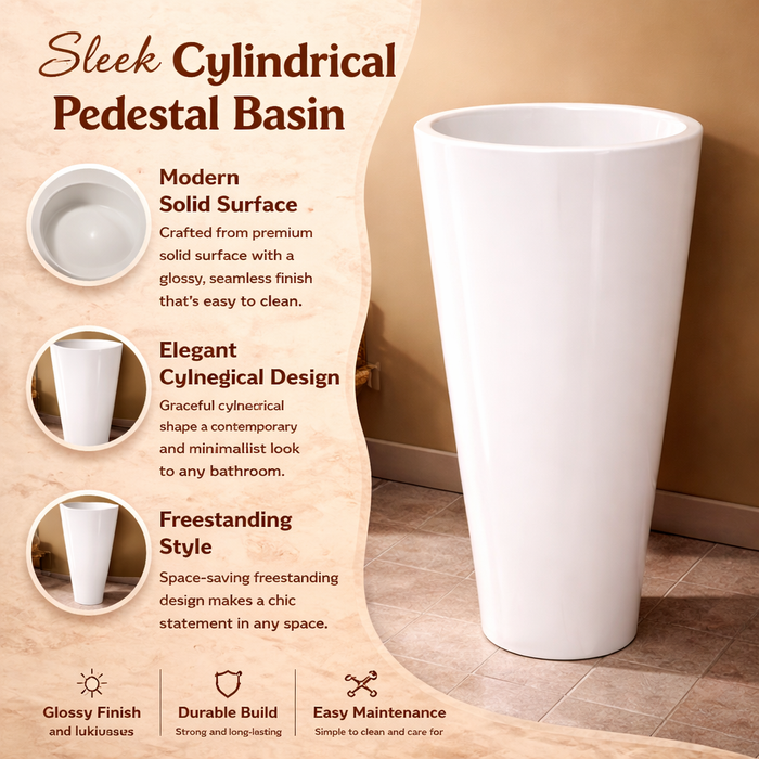 Premium Ceramic Pedestal Wash Basin, White Glossy (18.5 × 18.5 × 32 In) BPB-654